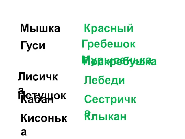 Мышка Гуси Лисичка Петушок Кабан Кисонька Красный Гребешок Мурысенька Поскребушка Лебеди Сестричка Клыкан