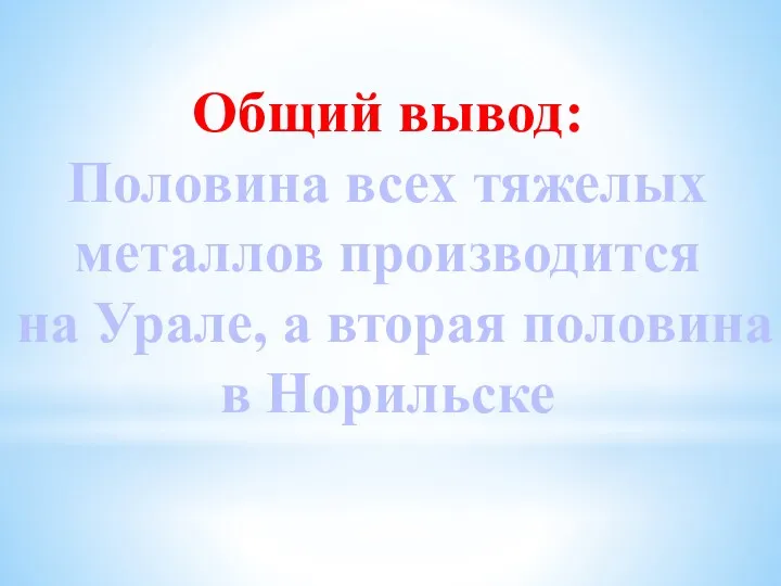 Общий вывод: Половина всех тяжелых металлов производится на Урале, а вторая половина в Норильске