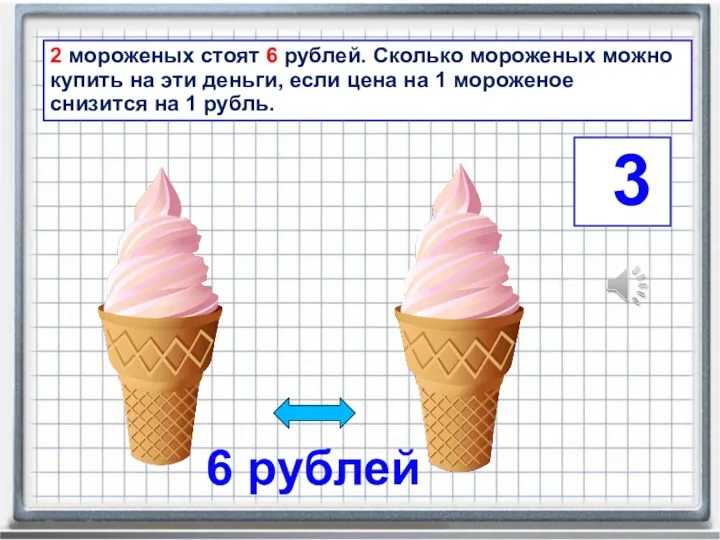 6 рублей 2 мороженых стоят 6 рублей. Сколько мороженых можно