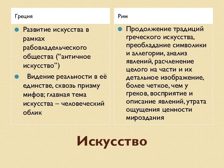 Искусство Греция Рим Развитие искусства в рамках рабовладельческого общества (“античное