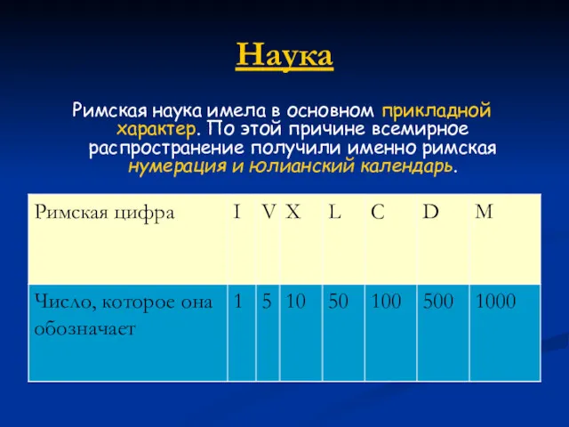 Наука Римская наука имела в основном прикладной характер. По этой причине всемирное распространение