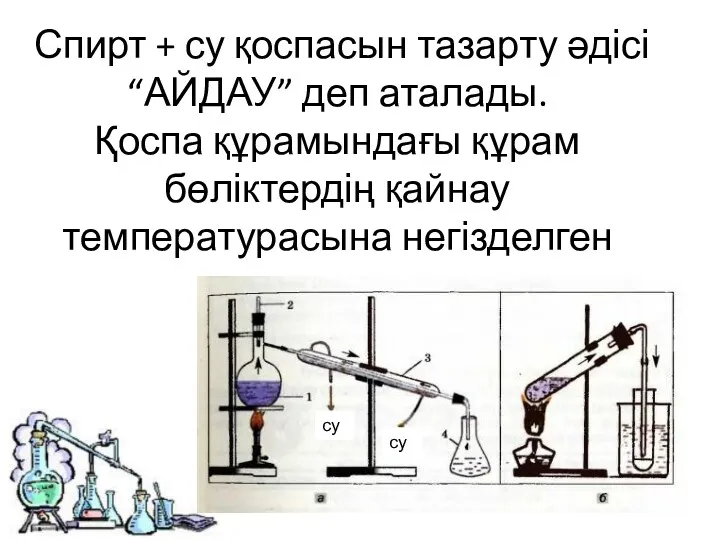 Спирт + су қоспасын тазарту әдісі “АЙДАУ” деп аталады. Қоспа құрамындағы құрам бөліктердің қайнау температурасына негізделген