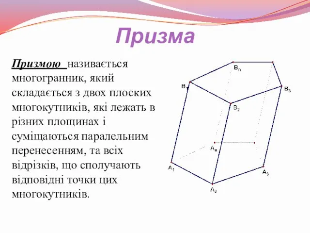 Призма Призмою називається многогранник, який складається з двох плоских многокутників, які лежать в