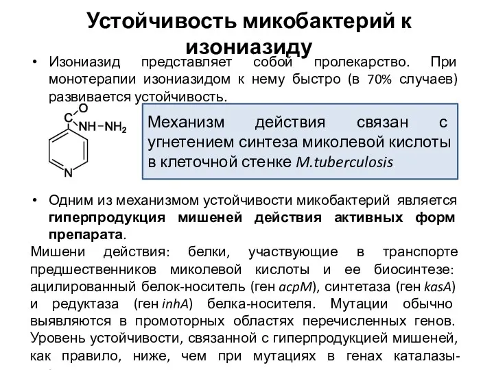 Устойчивость микобактерий к изониазиду Изониазид представляет собой пролекарство. При монотерапии