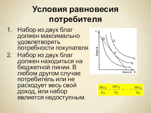 Условия равновесия потребителя Набор из двух благ должен максимально удовлетворять