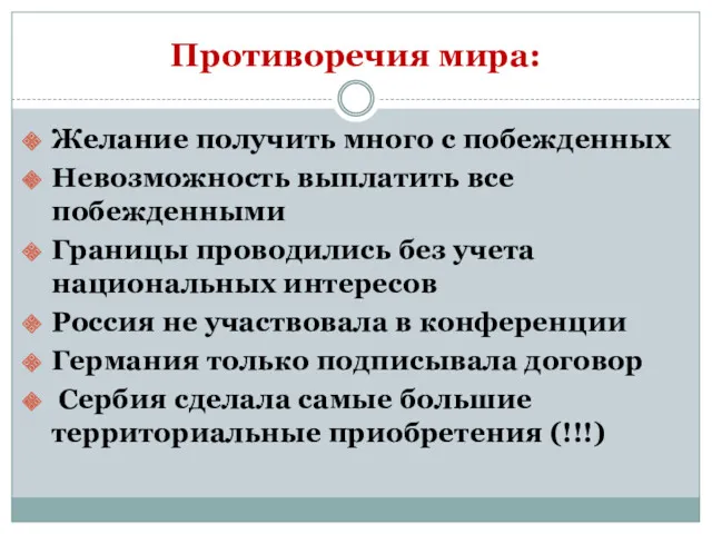 Противоречия мира: Желание получить много с побежденных Невозможность выплатить все побежденными Границы проводились