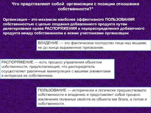 Что представляют собой организации с позиции отношения собственности?* Организация –