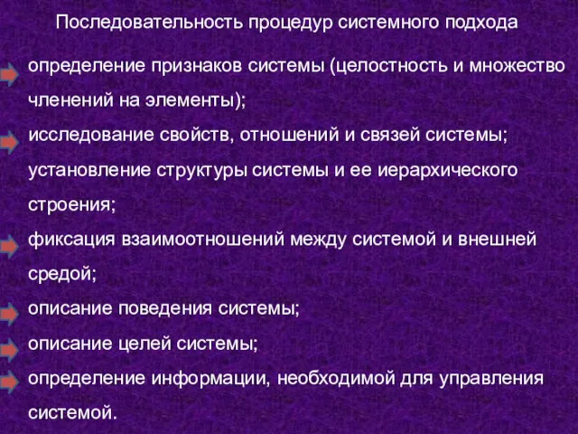 Последовательность процедур системного подхода определение признаков системы (целостность и множество