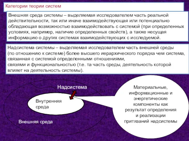 Категории теории систем Внешняя среда системы – выделяемая исследователем часть