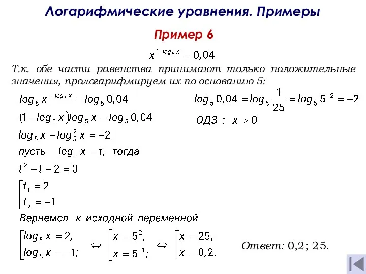 Пример 6 Логарифмические уравнения. Примеры Ответ: 0,2; 25. Т.к. обе части равенства принимают