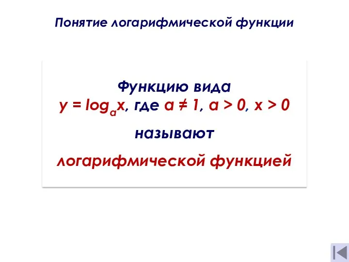 Понятие логарифмической функции . Функцию вида y = logaх, где а ≠ 1,
