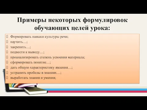 Примеры некоторых формулировок обучающих целей урока: Формировать навыки культуры речи;