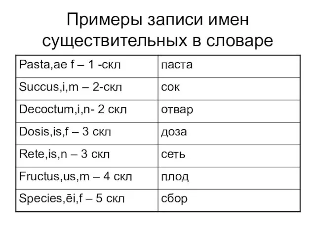 Примеры записи имен существительных в словаре