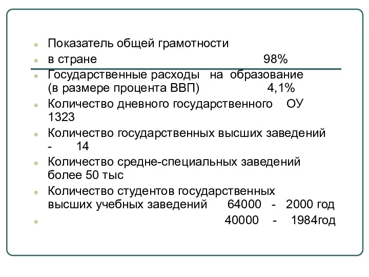 Показатель общей грамотности в стране 98% Государственные расходы на образование