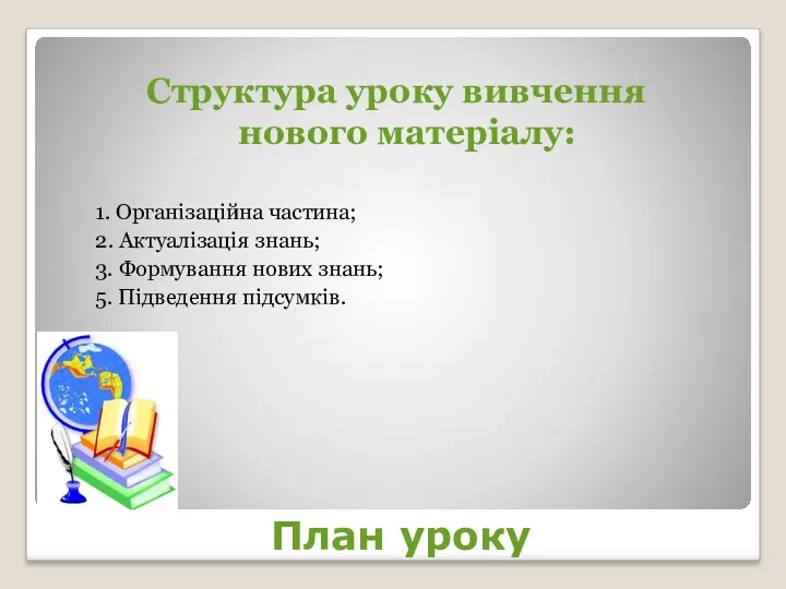 План уроку Структура уроку вивчення нового матеріалу: 1. Організаційна частина;