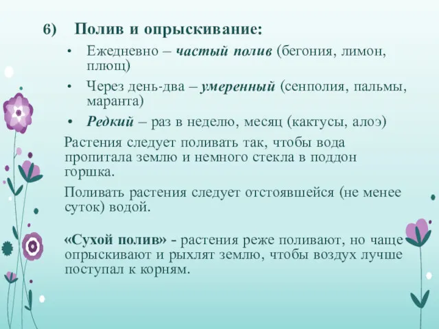 Полив и опрыскивание: Ежедневно – частый полив (бегония, лимон, плющ)