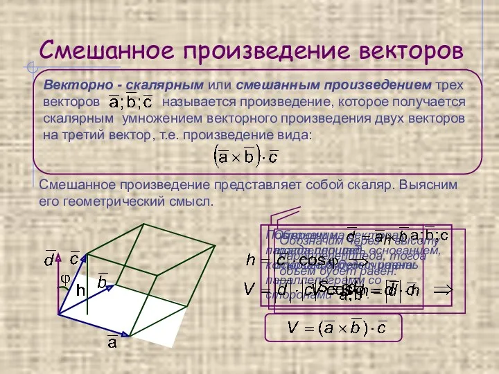 Смешанное произведение векторов Смешанное произведение представляет собой скаляр. Выясним его геометрический смысл.