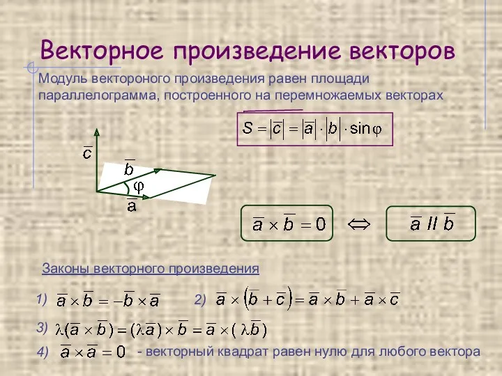 Векторное произведение векторов Модуль вектороного произведения равен площади параллелограмма, построенного
