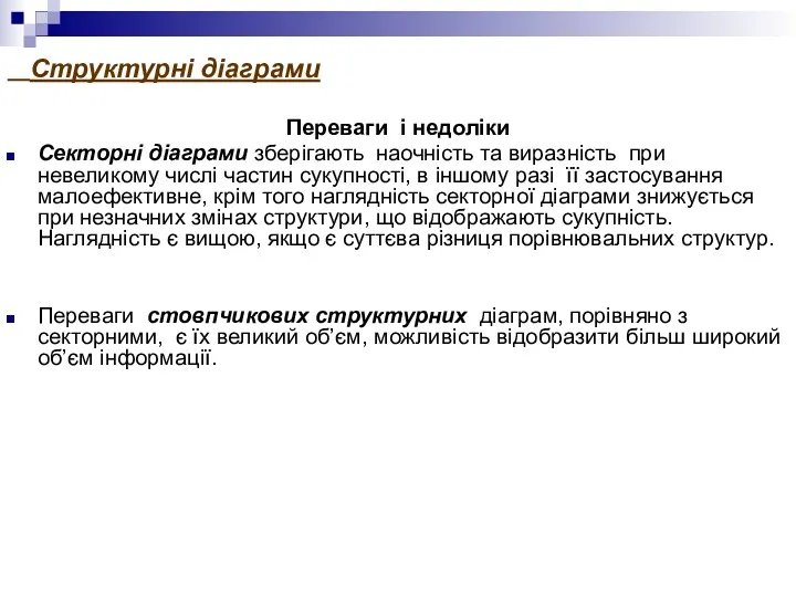 Структурні діаграми Переваги і недоліки Секторні діаграми зберігають наочність та