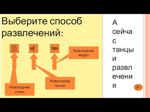 А сейчас танцы и развлечения Выберите способ развлечений: Новогодние стихи Новогодние песни Новогодние видео