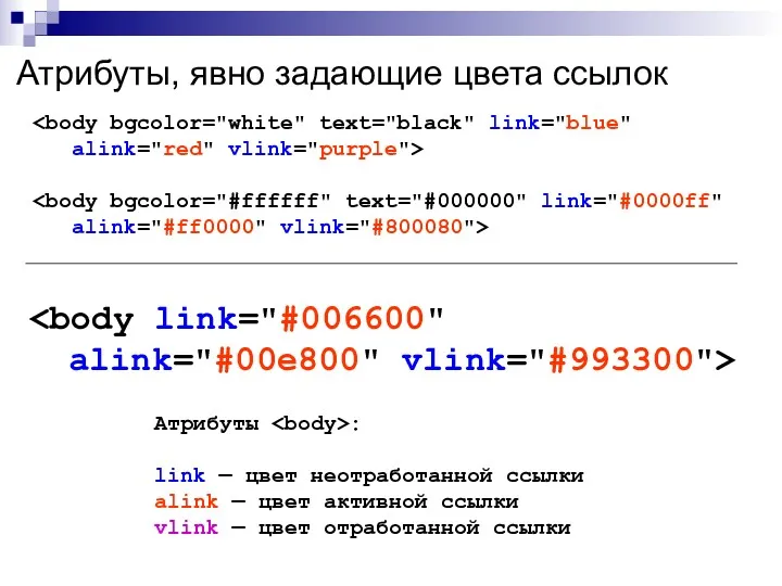 Атрибуты, явно задающие цвета ссылок Атрибуты : link — цвет