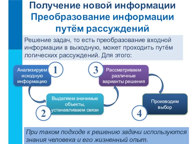 Получение новой информации Преобразование информации путём рассуждений Решение задач, то