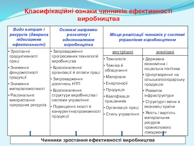 Класифікаційні ознаки чинників ефективності виробництва