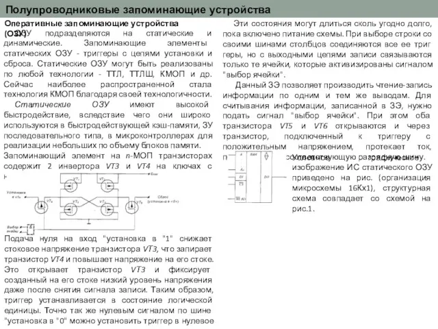 Полупроводниковые запоминающие устройства Оперативные запоминающие устройства (ОЗУ) ОЗУ подразделяются на