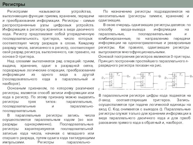 Регистры Регистрами называются устройства, выполняющие функции приема, хране­ния, передачи и