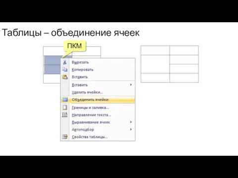 Таблицы – объединение ячеек ПКМ