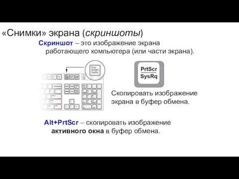 «Снимки» экрана (скриншоты) Скриншот – это изображение экрана работающего компьютера