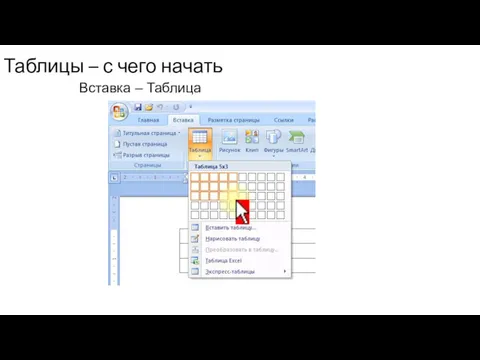 Таблицы – с чего начать Вставка – Таблица