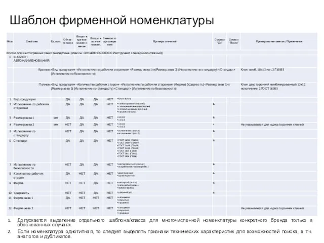 Шаблон фирменной номенклатуры Допускается выделение отдельного шаблона/класса для многочисленной номенклатуры конкретного бренда только