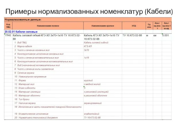 Примеры нормализованных номенклатур (Кабели)