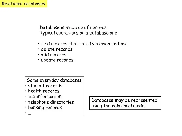 Relational databases Database is made up of records. Typical operations