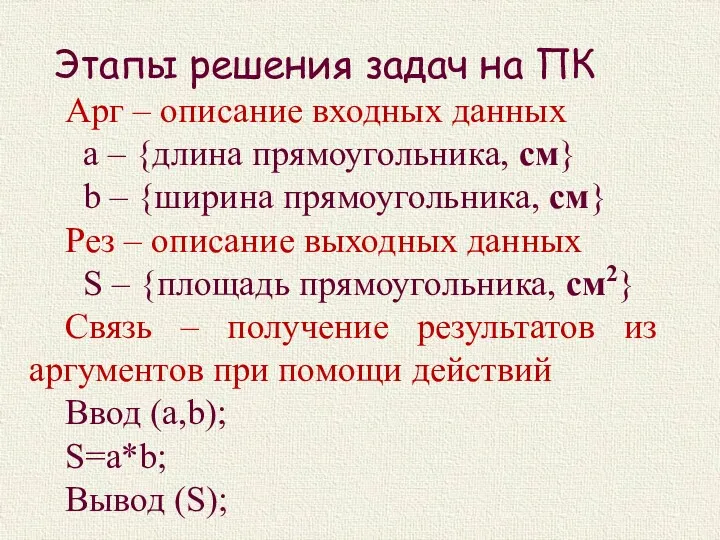 Этапы решения задач на ПК Арг – описание входных данных а – {длина