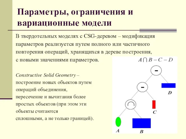 Параметры, ограничения и вариационные модели В твердотельных моделях с CSG-деревом