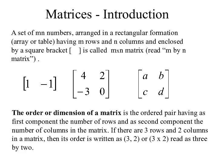 Matrices - Introduction A set of mn numbers, arranged in