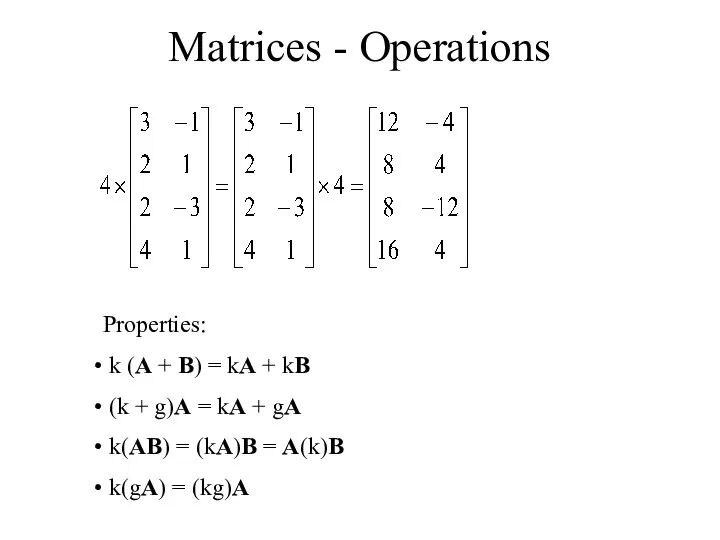 Matrices - Operations Properties: k (A + B) = kA