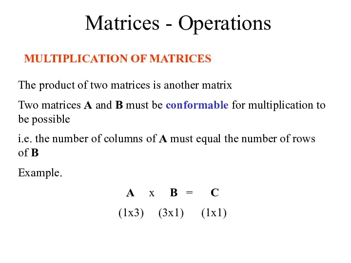 Matrices - Operations MULTIPLICATION OF MATRICES The product of two