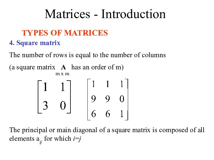 Matrices - Introduction TYPES OF MATRICES 4. Square matrix The