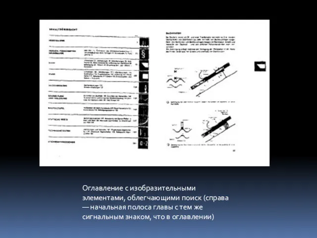 Оглавление с изобразительными элементами, облегчающими поиск (справа — начальная полоса