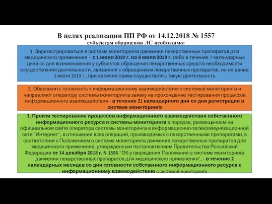 В целях реализации ПП РФ от 14.12.2018 № 1557 субъектам обращения ЛС необходимо: