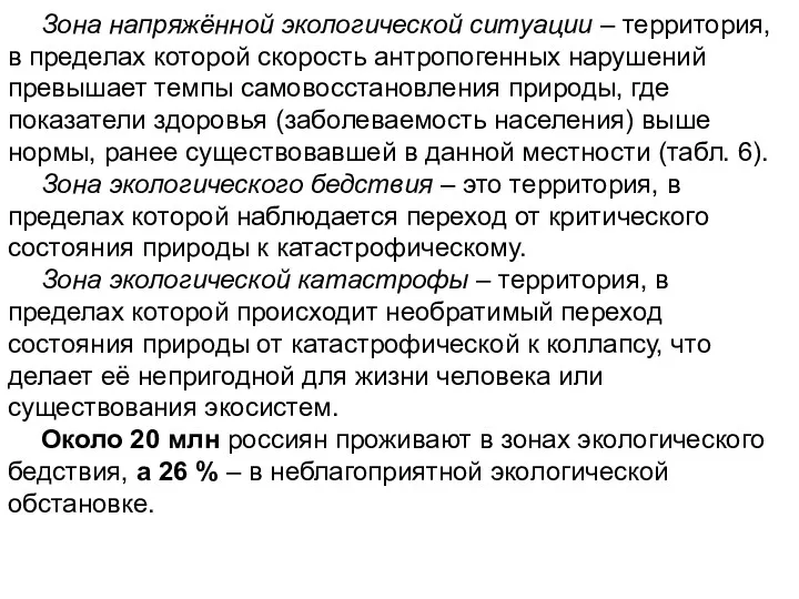 Зона напряжённой экологической ситуации – территория, в пределах которой скорость антропогенных нарушений превышает