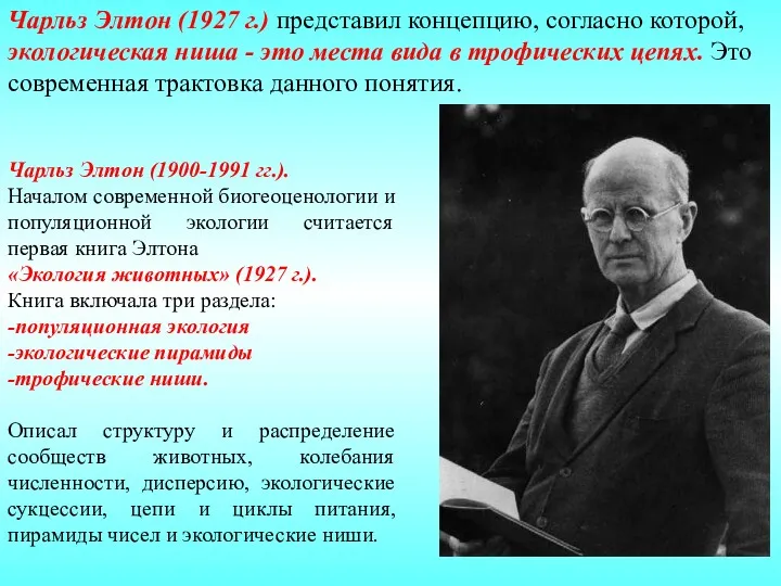 Чарльз Элтон (1927 г.) представил концепцию, согласно которой, экологическая ниша