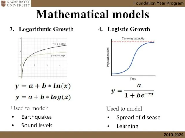 Mathematical models 3. Logarithmic Growth Used to model: Earthquakes Sound levels 4. Logistic