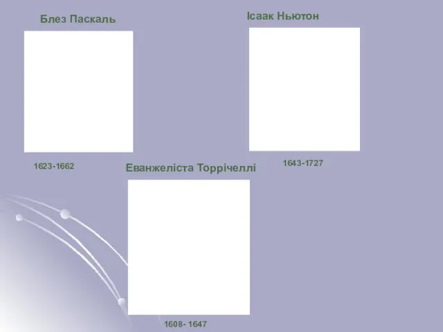 Блез Паскаль 1623-1662 Ісаак Ньютон 1643-1727 Еванжеліста Торрічеллі 1608- 1647