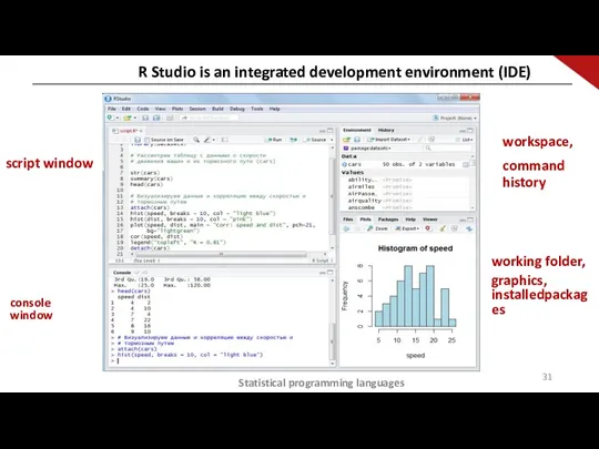 Statistical programming languages R Studio is an integrated development environment