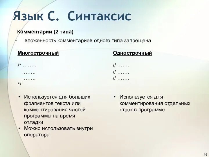 Язык С. Синтаксис Комментарии (2 типа) вложенность комментариев одного типа