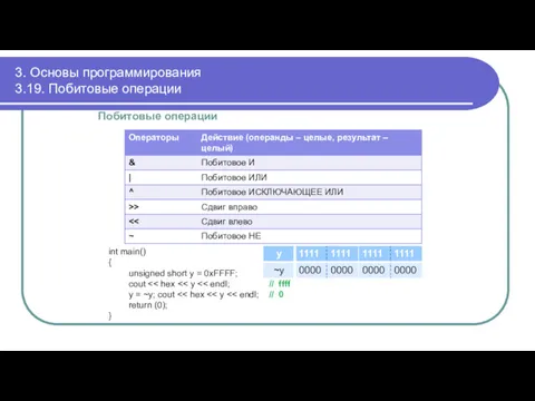 3. Основы программирования 3.19. Побитовые операции Побитовые операции int main()